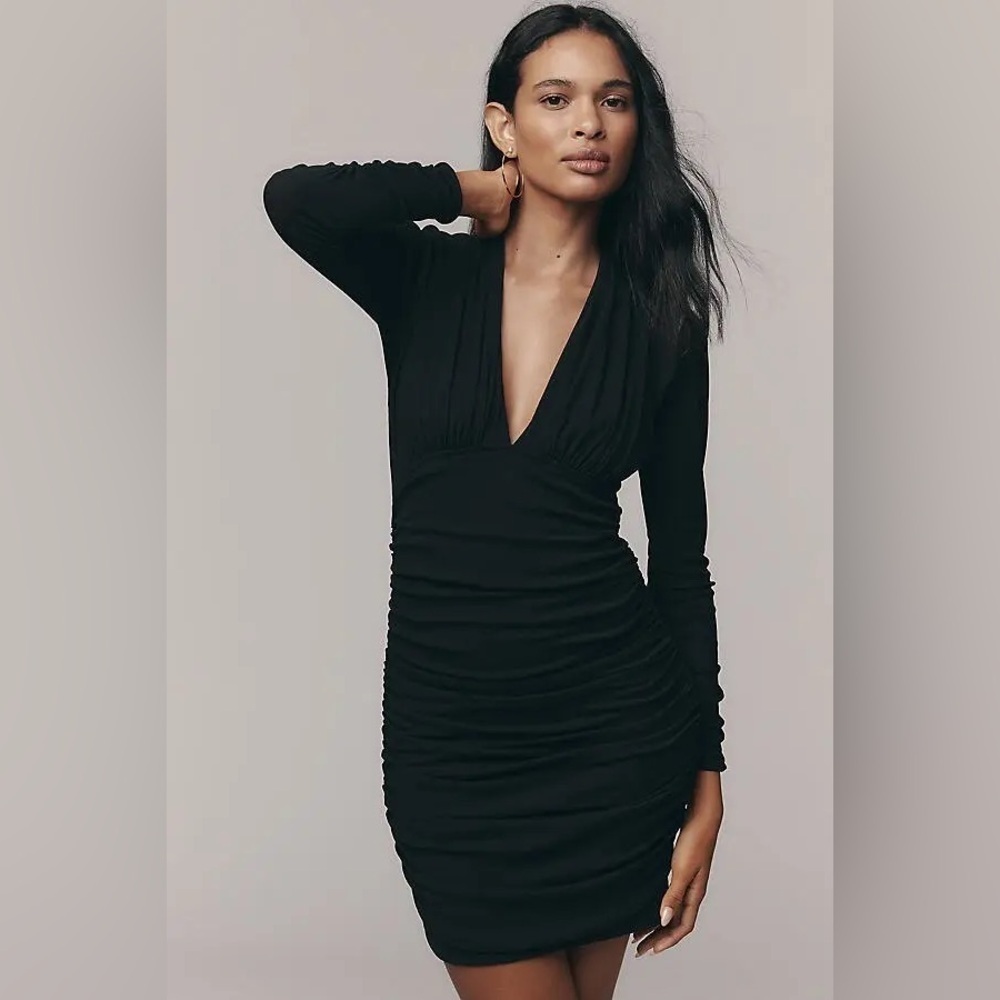 NWT By Anthropologie Size 3X Plus V-Neck Ruched Mesh Midi Black Dress